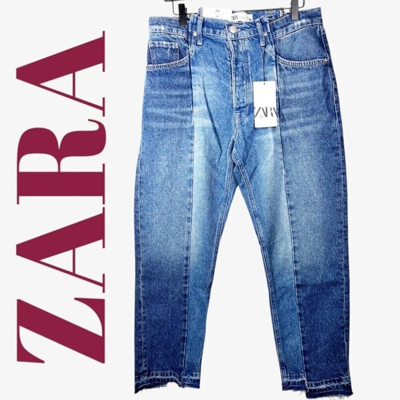 NWT ZARA CONTRAST 2-TONE CROPPED STRAIGHT LEG MID RISE, SIZE 12 - Picture 2 of 16
